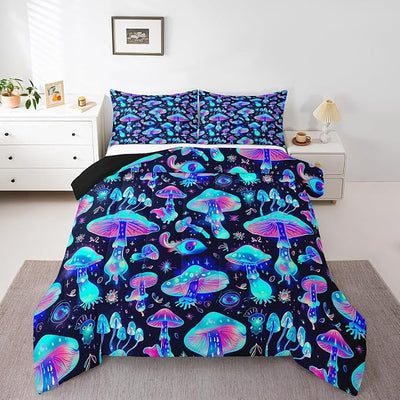 Cute Mushroom Comforter Set For Kids, Cartoon Kawaii Bedding Set Queen Size Galaxy Starry Sky Duvet Sets For Girls Boys Teens,Farmhouse Plant Quilted Duvet 3 Pieces With 2 Pillow Cases, Blue Purple