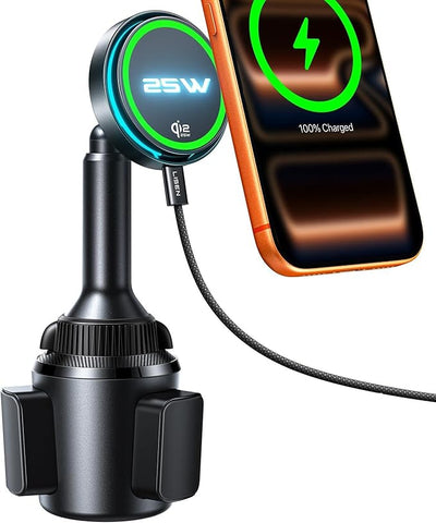 LISEN for Qi2.2 25W MagSafe Car Mount Charger Cup Holder Mount, [Designed for iPhone] Cooling Magnetic Wireless Car Charger, Cup Holder Phone Holders 25W for iPhone 17 16, 15W for iPhone 15 14 13 12
