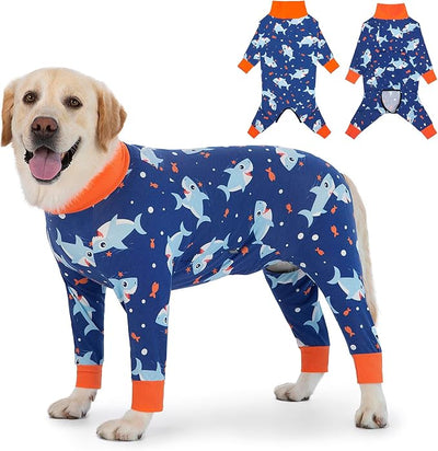 Dog Recovery Suit After Surgery Female Male, Medium Large Dog Neuter Shirt Cone Alternatives Prevent Licking Surgical Onesies (Blue Shark, 5XL)