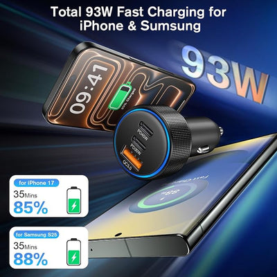 USB C Car Charger 3Pack, 3-Port 93W Dual PD USB-C & USB-A Fast Charging Cigarette Lighter USB Charger for Samsung S25 S24, Car Phone Adapter Accessories for iPhone 17/Air/16/15 Pro Max, Pixel