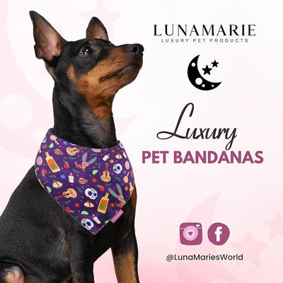 LunaMarie - Luxury Dog Bandanas - Dia De Los Muertos Design | Premium & Silky Poly Fabric | 100% Handmade | Custom Shape Dual Layered Reversible Small, Medium, Large Cat Scarf (Day Of The Dead, Large)
