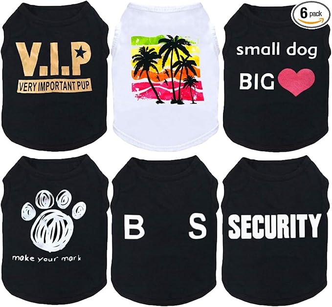 6 Pack Dog Clothes for Small Dogs Boy and Girl, Soft and Breathable Puppy Kitten Dog Shirts with Letters for Pet Dogs Cats, Black Dog T-Shirts Apparel Sleeveless Vests for Chihuahua Yorkies