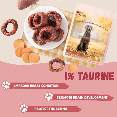 Pawmate Dog Treats Duck Wrapped Sweet Potato Donuts Rings, Healthy Low Fat Dog Jerky Chews, High Protein Training Treats Snacks for Small Medium Large Breed, 10.6 oz