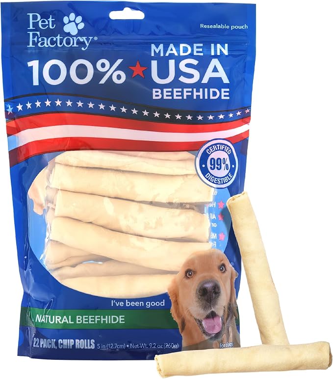 100% Made in USA Beefhide Chip Rolls Dog Rawhide Chews, Thick, Dog Chews Long Lasting from American Cattle, Dog Chew Bones, 5 Inches (Pack of 22)