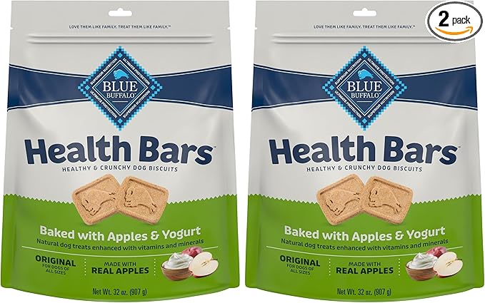 Blue Buffalo Health Bars Mini Crunchy Dog Biscuits, Oven-Baked with Natural Ingredients, Apples & Yogurt, 32-oz Bag (Pack of 2)