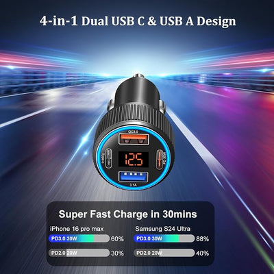 USB C Car Charger, Costyle 65W Dual USB-C & USB-A Multi Port Cigarette Lighter Adapter with Voltmeter QC/PD 3.0 Fast Charging 12V Car Phone Charger for iPhone 17 16 15 14 13 12 Pro Max Samsung(Black)
