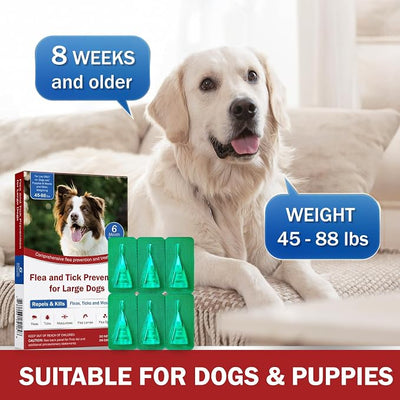 Flea and Tick Prevention for Large Dogs, Flea Drops for Dogs 45 to 88 lbs, 6 Month Support for Skin & Coat Health, Fast Acting, Dog Flea and Tick Treatment, Supplement