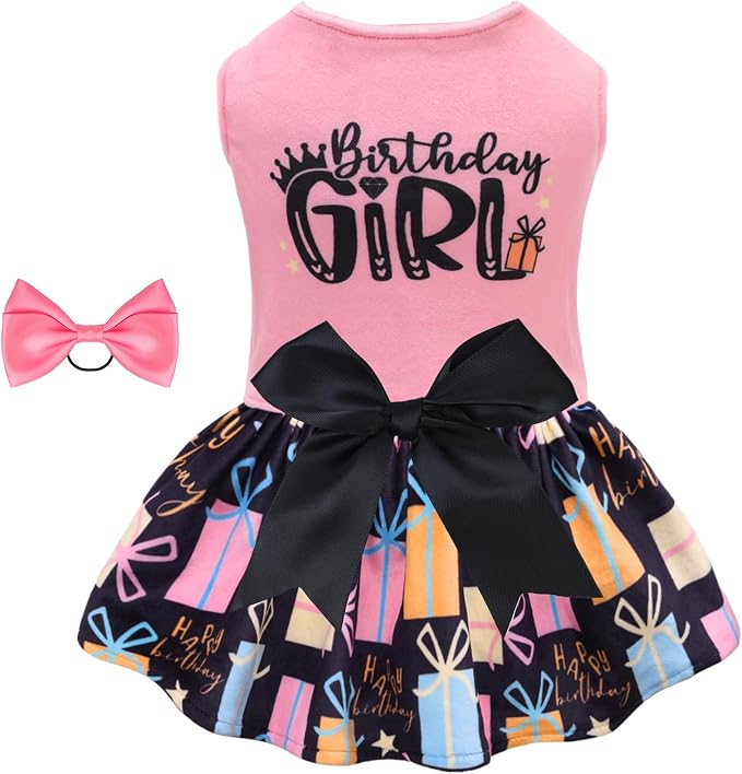 Birthday Dog Dresses Velvet Holiday Small Dogs Clothes Onesie Pet Apparel Girl Puppy Skirt with Bow Hair Rope