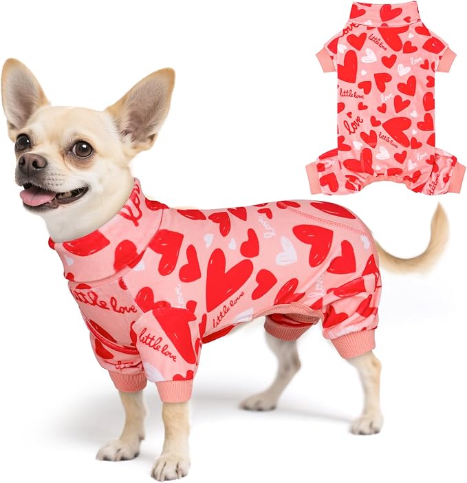 KYEESE Valentine's Day Dog Pajamas, Lightweight Heart Print Dog Onesie, Soft Stretchy Pjs for Doggie & Cat, Cute Festival Dogs Pajamas for Small Dogs, Pink, Small