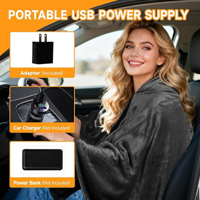 Portable USB Heated Blanket, 59" x 33.5" Soft & Comfortable Heated Blanket Shawl for Indoor Outdoor Cordless Fast Heating with 3 Heat Levels