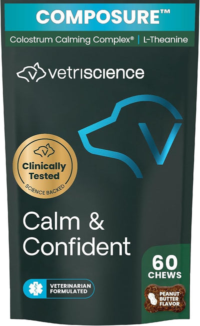 VetriScience Calm & Confident Chews, Composure Clinically Tested Calming and Anxiety Ashwagandha Supplement for Dogs, Stress Relief, Separation Anxiety, Behavior Support, Peanut Butter, 60 Count