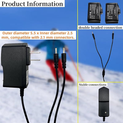 8.4V Dual-Channel Heated Glove Charger, Suitable for Heated Socks, Heated Hats, Heated Vests, etc.; 7.4V Lithium Polymer Rechargeable Battery Pack Replacement kit, 5.5mm x 2.5mm Connector