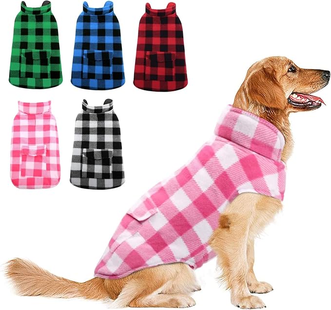 Dog Winter Coat, Fleece Doggie Jacket Plaid Reversible Vest Waterproof Windproof Cold Weather Clothes for Small Medium Large Dogs (M, Pink)