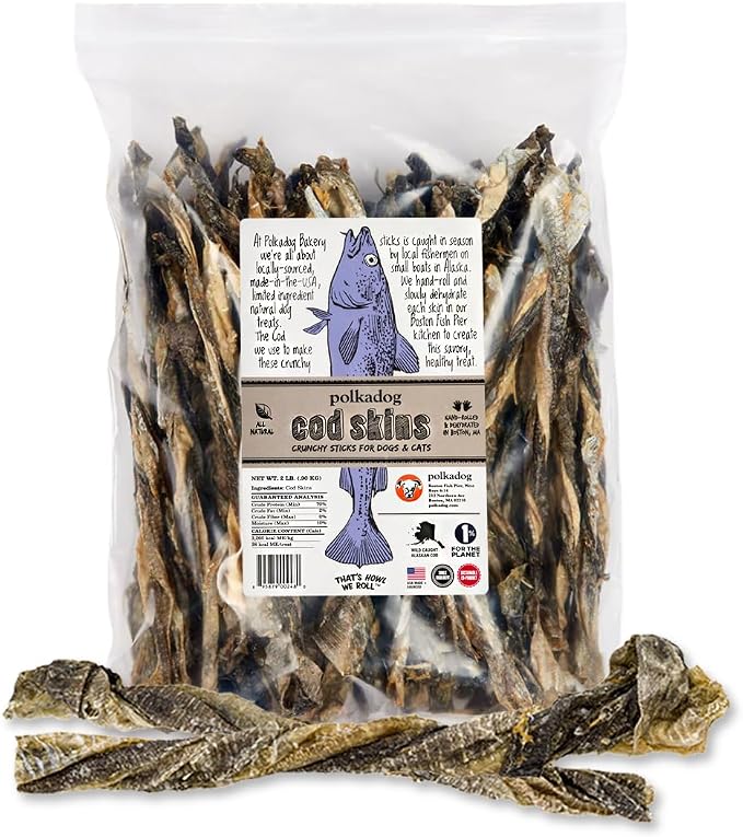 Cod Skins for Dogs (2lb Regular) - Single Ingredient, Wild-Caught Fish Skin Natural Dog Treat Chews. High in Lean Protein & Omega 3. Hypoallergenic, Grain Free. Handcrafted & Made in USA