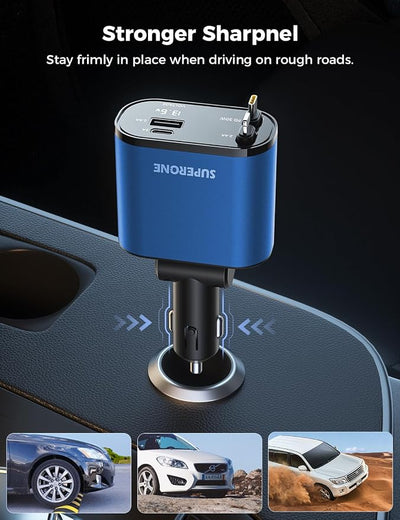 SUPERONE 【Upgraded】 Retractable Car Charger 4 in 1, Fast Car Phone Charger with Cord 2.6ft, USB C and Apple Car Charger Adapter, Compatible with iPhone 17/16/15/15 Pro Max/14/13/12/11, Galaxy, Pixel