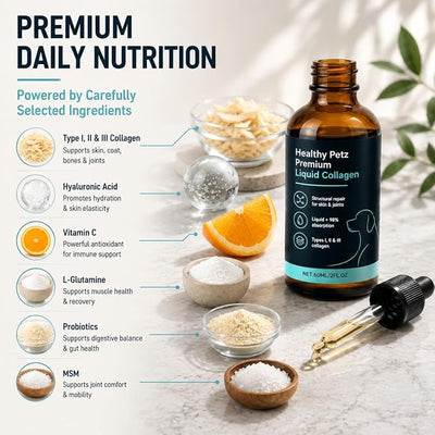 Healthy Petz Premium Liquid Collagen for Dogs, Supplement with Collagen, Hyaluronic Acid & Vitamins C, Support for Skin & Joints & Gut & Overall Vitality, 60ml/2FL OZ