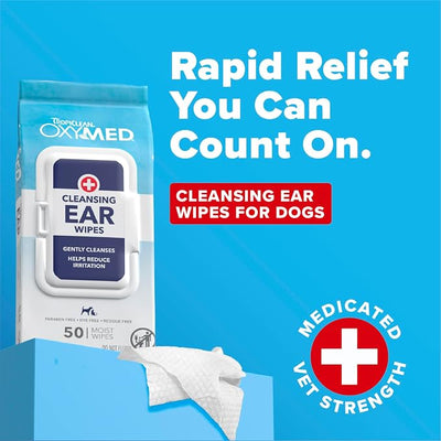 TropiClean Oxymed Soothing Ear Wipes for Dogs & Cats, Anti-Itch Relief, 50 Count