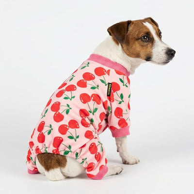 Fitwarm Cute Cherry Dog Pajamas, Warm Dog Onesie with Feet, Dog Clothes for Small Dogs Girl, Fleece Pet Outfit, Pink, Red, XXL