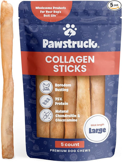 Pawstruck Natural Large 12" Beef Collagen Sticks for Dogs – Long-Lasting Rawhide Alternative, High Protein Treats with Chondroitin & Glucosamine – 5 Pack