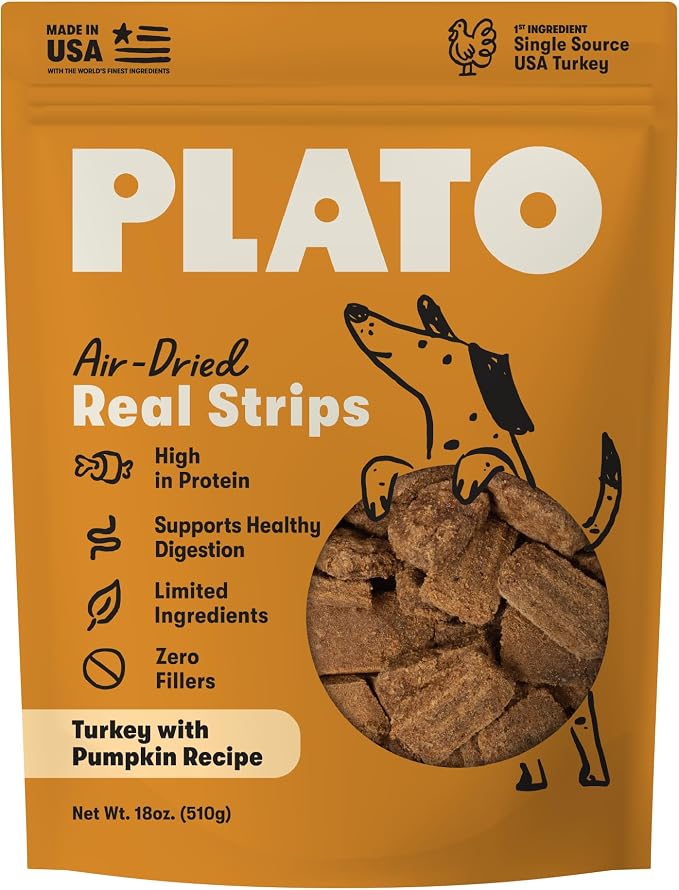 Plato Real Strips Turkey & Pumpkin Recipe Dog Treats, Air-Dried High-Protein Grain-Free Soft Strips with Real Pumpkin, 18 oz