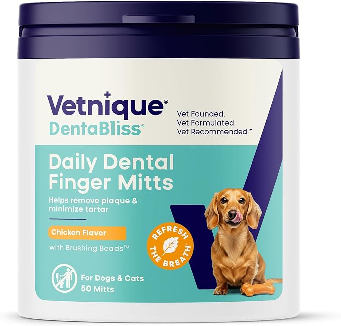 Vetnique Dentabliss Cat & Dog Teeth Cleaning Dental Wipes, Dog Toothbrush Alternative Fingermitt Pet Wipes, Tartar & Breath Freshener, Vet Formulated Pet Dental Care, 50ct (Chicken Flavored)