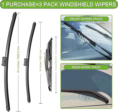 PARRATI® Windshield Wiper Blades for Chevrolet Spark 2013-2015, 3 Pack | 24/16 Inch Front +12 Inch Rear, OEM Replacement, Ultra Quiet, No Streaks All Weather Wiping