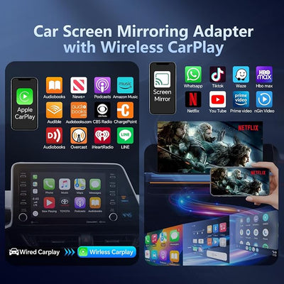 Car Screen Mirroring Adapter with Wireless CarPlay - Supports Watching Any App (YouTube, Net-flix, TikTok, etc.), Siri Control & Phone Charging, Compatible with Factory-CarPlay Equipped Vehicles.