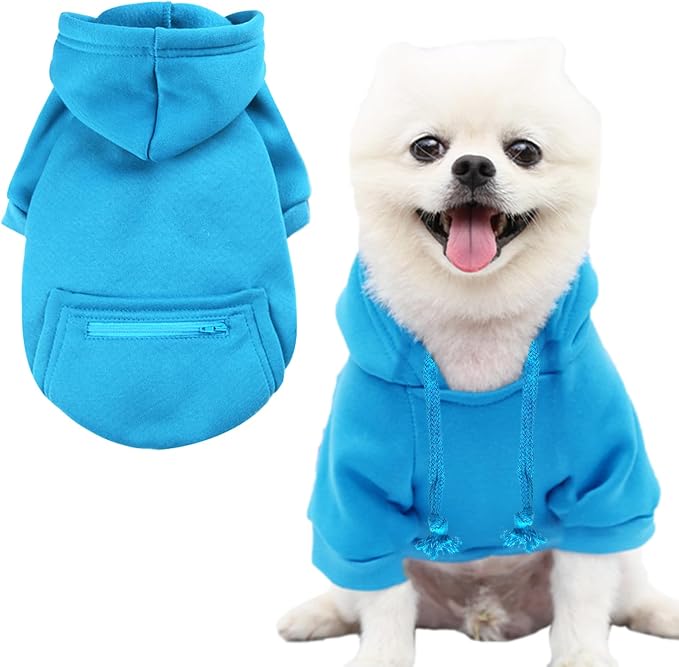 Jecikelon Dog Hoodies for Small Dogs with Zipper Pocket, Soft Fleece Puppy Clothes with Rope Hat, Warm Winter Outfits Cold Weather Coats, Cute Sweatshirt Chihuahua Costume (Small, Y02-Blue)