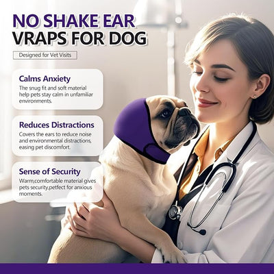JOHNBOLIN Dog Ear Muffs & No Shake Ear Wrap for Hematoma, Bathing, Drying & Noise Anxiety Relief - Elastic Waterproof Ear Protector with Calming Hoodie Design for Grooming (Purple, L)