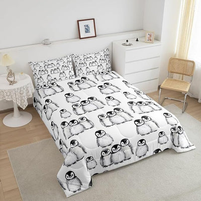 Erosebridal Penguin Comforter Set King Size for Kids Boys Girls Antarctic Animal Bedding Set Penguin Illustration Down Comforter Grey White and Black Cartoon Quilted Comforter with 2 Pillow Cases