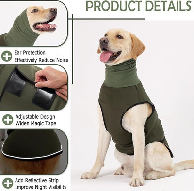 KOESON Dog Anxiety Vest with Ear Wraps, Large Dog Thunder Jacket with Double Compression, Breathable & Reflective Dog Calming Hoodie for Thunder, Fireworks, Travel, Separation, Army Green XXL