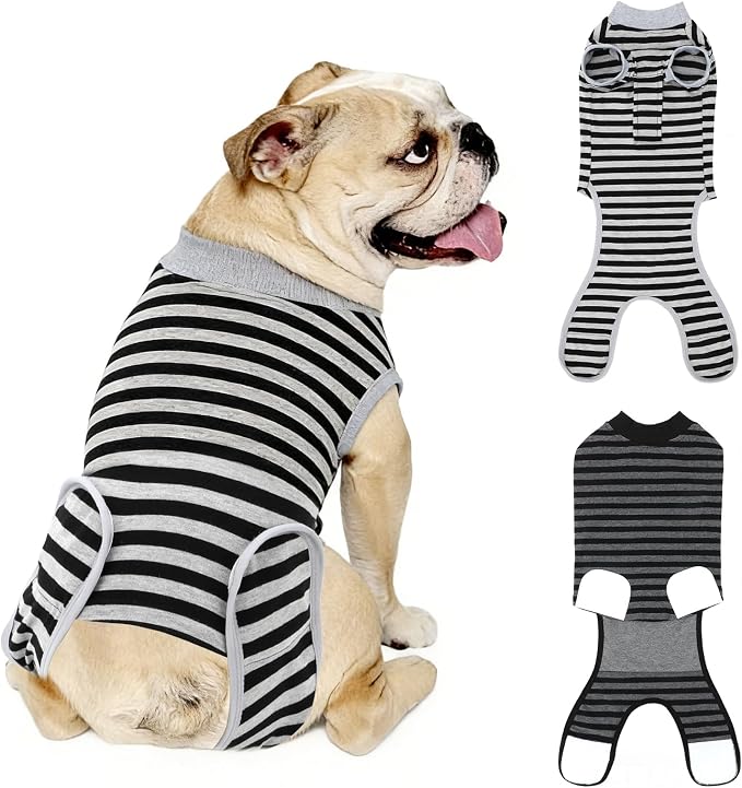2 Packs Breathable Cotton Dog Recovery Suit for After Neuter Spay Abdominal Wounds Protector, Professional Anti-Licking Onesies for Male Female Pets Surgery Bandages, Large, Striped Black Grey