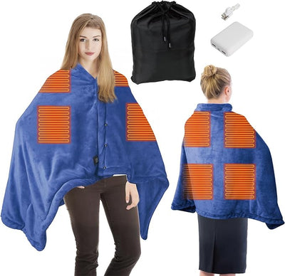 Portable Battery Powered Heated Blanket with 10000mAh Power Bank – Electric Wearable Throw Shawl, 3 Heat Levels, Fast Heating Cordless Blanket for Camping, Travel, Office or Outdoor Activities
