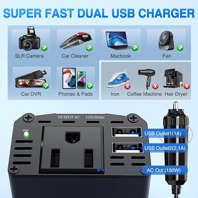 Nilight 150W Power Inverter 12V DC to 110V AC Car Charger Converter with 3.1A Dual USB Ports and 1 AC Outlets for Phones Tablets Laptop Computer Game Console Kindle iPad DVD Players Black