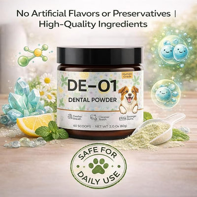 Dental Powder DE-01 - Dog Dental Powder Supplement for Teeth Cleaning Powder to Reduce Plaque, Tartar Build-up, and Bad Breath, Oral Microbiome Balance - 2oz