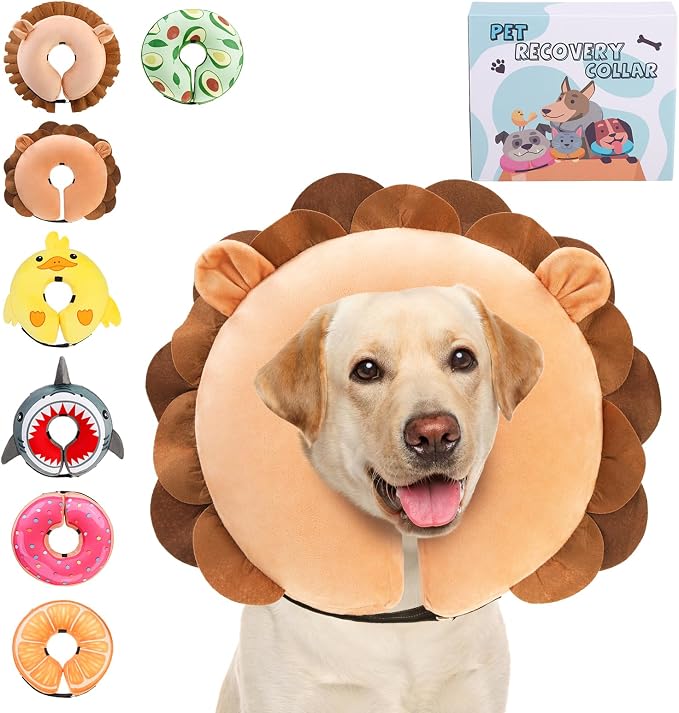 KOOLTAIL Inflatable Dog Cone Collar, Soft Donut E Collar for Dogs After Surgery to Stop Licking Enhanced Alternative, Blow Up Pet Neck Pillow Recovery Adjustable Cone for Dog Cat, Upgrade Size, Lion L