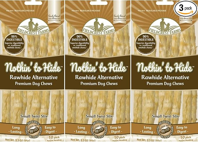 Fieldcrest Farms Nothing to Hide Natural Rawhide Alternative Twist Stix for Dogs - 3 Pack (30 Sticks) Premium Grade Easily Digestible Chews - Great for Dental Health (Peanut Butter, Small Stix)