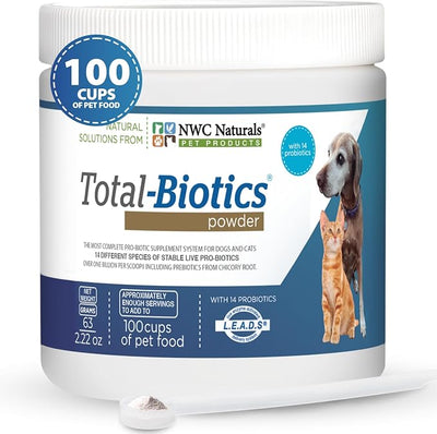 NWC Naturals Total-Biotics, Cat & Dog Probiotics for Digestive Health with Prebiotic, Unflavored Probiotic for Dogs & Cats, Supplement for Gut, Skin, Coat, Stomach Relief, 100 Servings, 2.22 Ounces