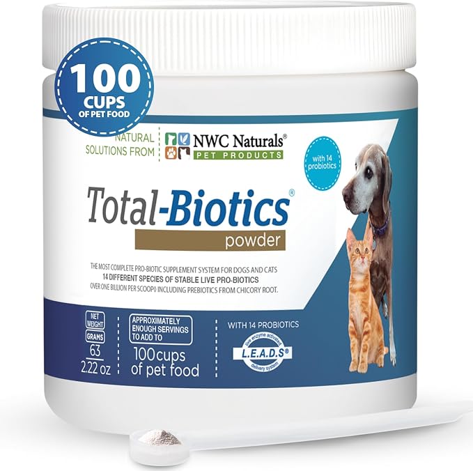 Total-Biotics, Cat & Dog Probiotics for Digestive Health with Prebiotic, Unflavored Probiotic for Dogs & Cats, Supplement for Gut, Skin, Coat, Stomach Relief, 100 Servings, 2.22 Ounces