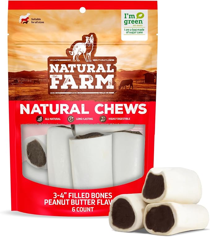 Peanut Butter Filled Bones (3-4 Inch, 6 Count), Limited Ingredient, Natural Stuffed Dental Dog Bone Treats for Dogs, Made with Real Beef