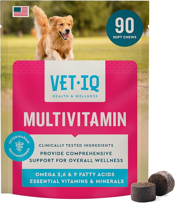 VetIQ Multivitamin Supplement for Dogs, Supports Active Brain Function, Immune System, and Digestive System, Hickory Smoke Flavored Dog Multivitamin, Made in The USA, 90 Count