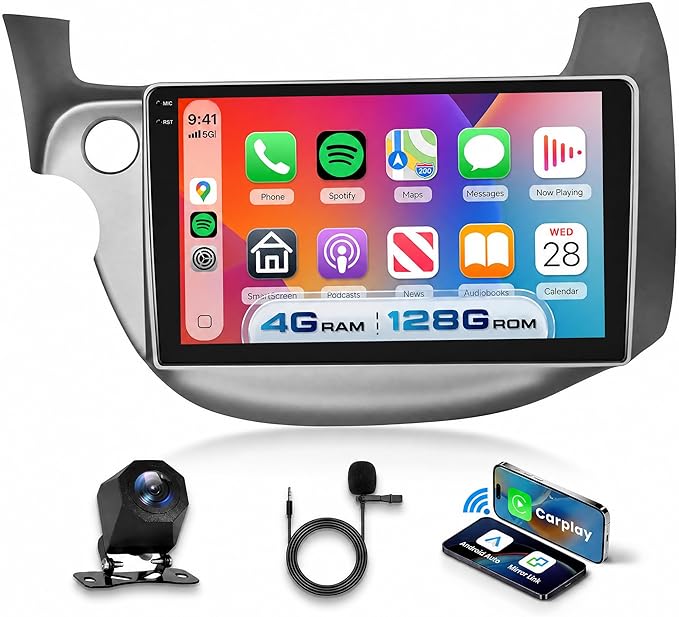 4G+128G Android 15 Car Stereo for Honda Fit 2008-2013, Wireless CarPlay Android Auto, 10.1’’ Incell HD Touch Screen Car Stereo with GPS, WiFi, Bluetooth 5.0, FM, 32 EQ, SWC, Backup Camera