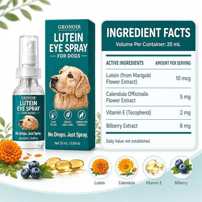 Minnah Gronoir Lutein Eye Spray for Dogs, Dog Eye Care Spray for Cloudy-Looking & Aging Eyes, Vision Clarity & Eye Comfort Support with Marigold, Vitamin E & Bilberry, 20mL