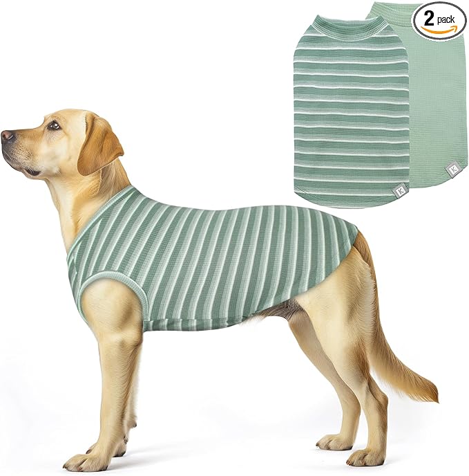 2Pack Waffle Dog Shirts, Lightweight Sleeveless Dog T Shirts for Large Dogs Boy Girl, Breathable Pet Vest Comfortable Tank Top Soft Dogs Clothes for Daily Wear, Green+Striped, 3XL