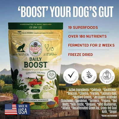 Gussy's Gut Daily Boost- Fermented Organic Superfood Reset & Reboot Dog Gut Health- Human Grade Pre & Probiotic Digestive Supplement- USA Made Small Batch 19 Ingredient Formula- Reset Phase (3 Oz)