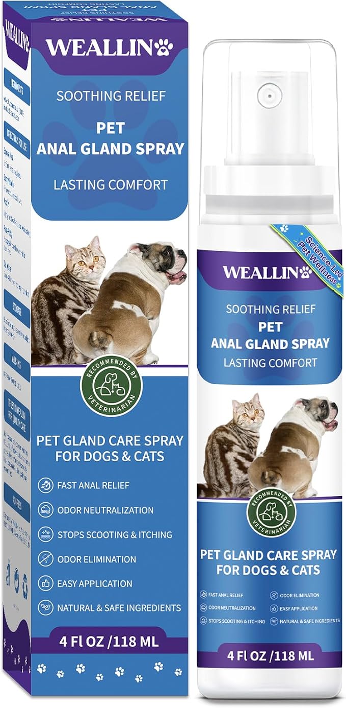 WEALLIN Anal Gland Spray for Dogs Cats - Fast Anal Gland Relief Stops Scooting & Itching Odor Elimination Anti Itch Dog Spray Pain Relieving Safe for All Animals - 4.06 FL OZ