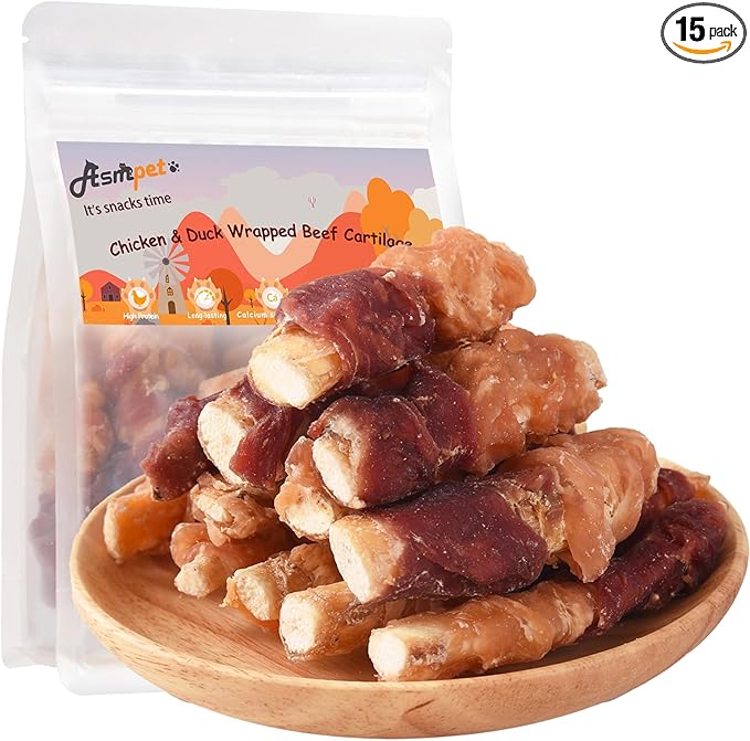Healthy Dog Treats, Chicken Duck Wrapped Beef Cartilage Dog Chews, Long Lasting Grain Free Rawhide Free Dog Bones for Small Medium Dogs Daily Teeth Grinding Cleaning Chewing Snacks