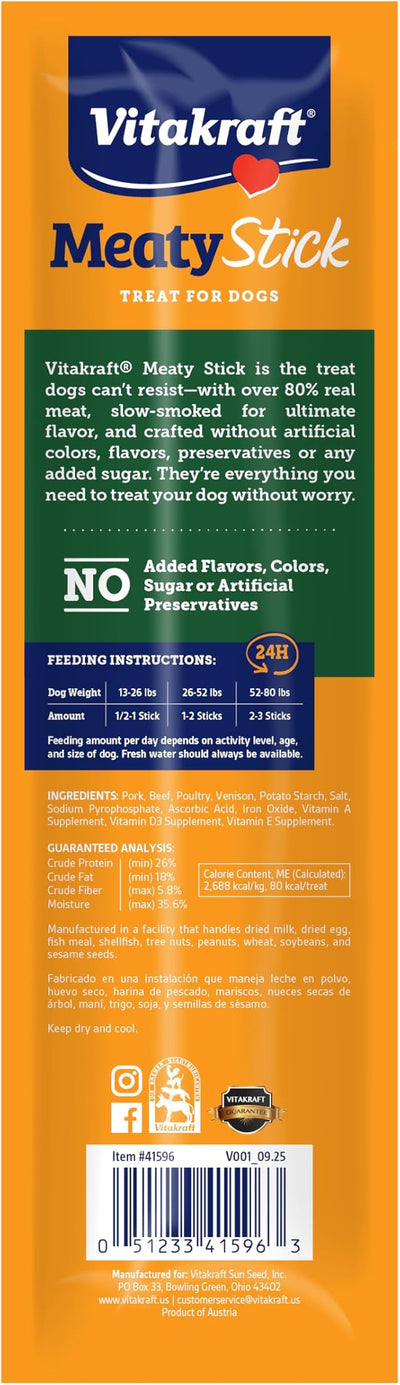 Vitakraft MeatyStick Venison, Jerky Treat for Dogs, No Added Sugar, Real Meat Ingredient, No Artificial Preservatives, Flavors or Colors, Naturally Smoked, Individually Packed, 1.0 oz, Stick, 15 count