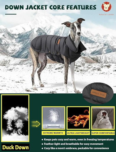 SPACE LION Dog Puffer Jacket, Down Winter Coat, Durable Outdoor Coat for Cold and Windy Conditions, Lightweight & Adjustable Fit Coats for Large Dogs,(Onyx Black, Size24/2XL)