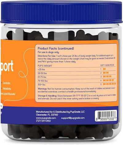 PupGrade Joint Support Supplement for Dogs - Glucosamine + Chondroitin with MSM and Perna - Supports Normal Hip & Joint Health for Occasional Discomfort, Peanut Butter Flavor - 180 Soft Chews